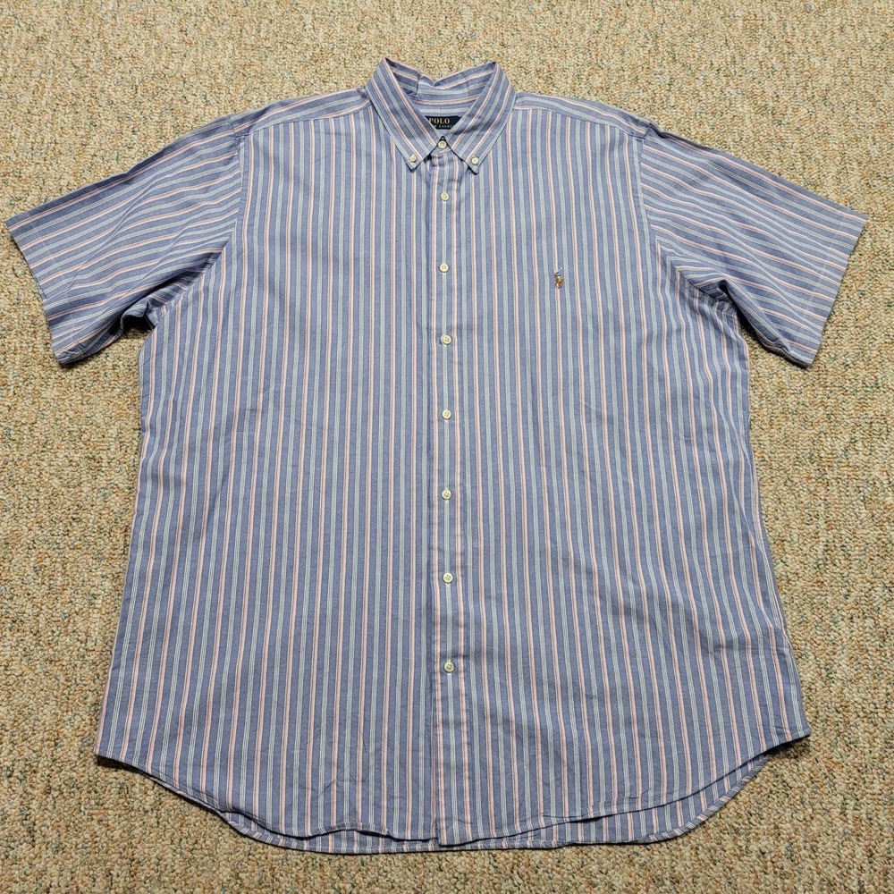 Polo Ralph Lauren Shirt Men 2XLT Blue Pink Striped Button Down Short Sleeve Pony